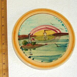 Vtg Stoneware TRIVET / Wall Hanging Plaque,Finland, Boat Sunset Lighthouse Scene